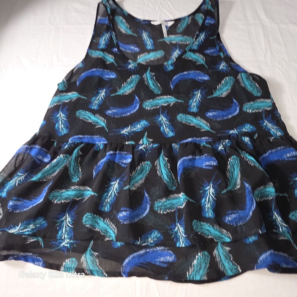 Kirra Womans Small Crop Top Feathers Black Blue Green Summer Boho Sheer Layering